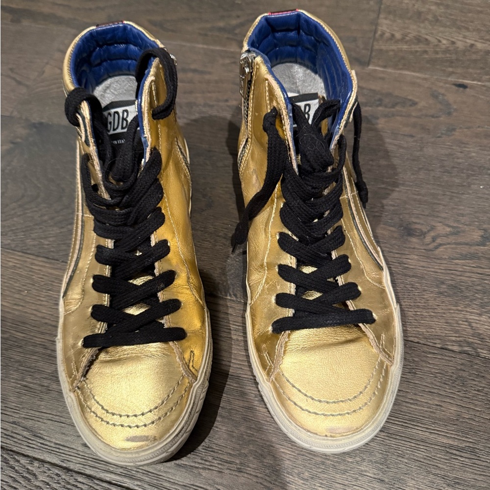 Golden Goose Gold High-Top Sneakers with Black Laces